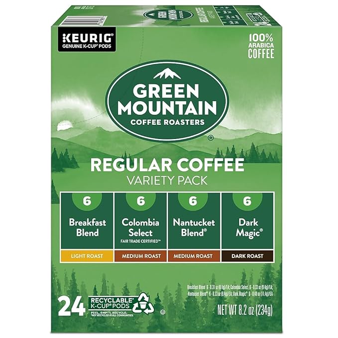 Green Mountain Coffee Variety Pack K-Cup Pods 24 Count Breakfast Blend Vermont Country Blend French Roast Dark Magic