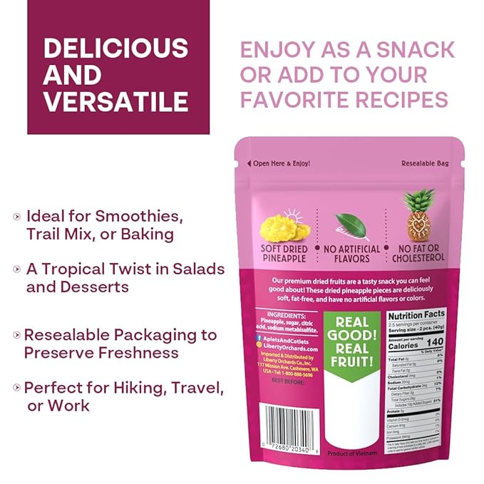 Liberty Orchard Organic Whole Dried Pineapple - Deliciously Sweet Dried Fruit Snack Packed with Fiber &amp Vitamins Vitamins - Healthy Snack Ideal for Smoothies Salads &amp Baking - 5 Pack