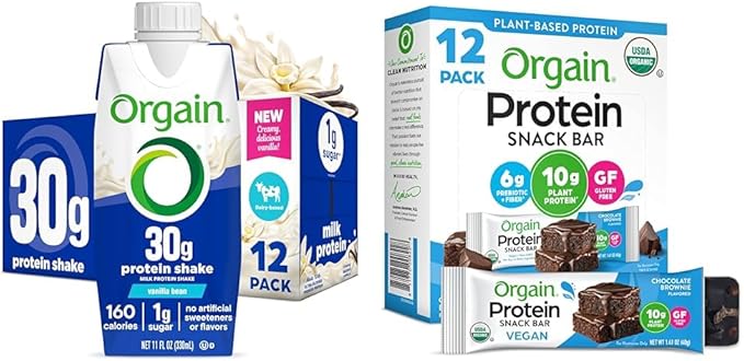 Bundle of Orgain 30g High Protein Shake Vanilla Bean 11 Fl Oz 12 Pack + Orgain Organic Vegan Protein Bars Chocolate Brownie 10g Plant Based Protein Pack of 12