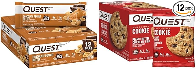 Quest Nutrition Chocolate Peanut Butter Bars High Protein Gluten Free Keto Friendly 12 Count &amp Quest Nutrition Peanut Butter Chocolate Chip Cookie High Protein Low Carb 24.5 Oz 12 Count