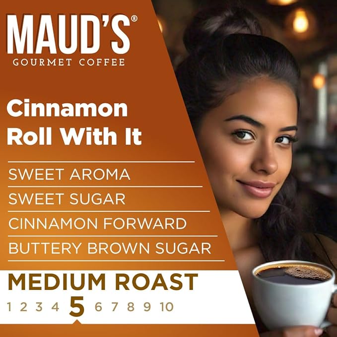 Maud's Cinnamon Roll Flavored Coffee Pods 50 ct Medium Roast Flavored Coffee in Single Serve Pods – 100% Arabica Beans Compatible with Keurig K Cups Maker