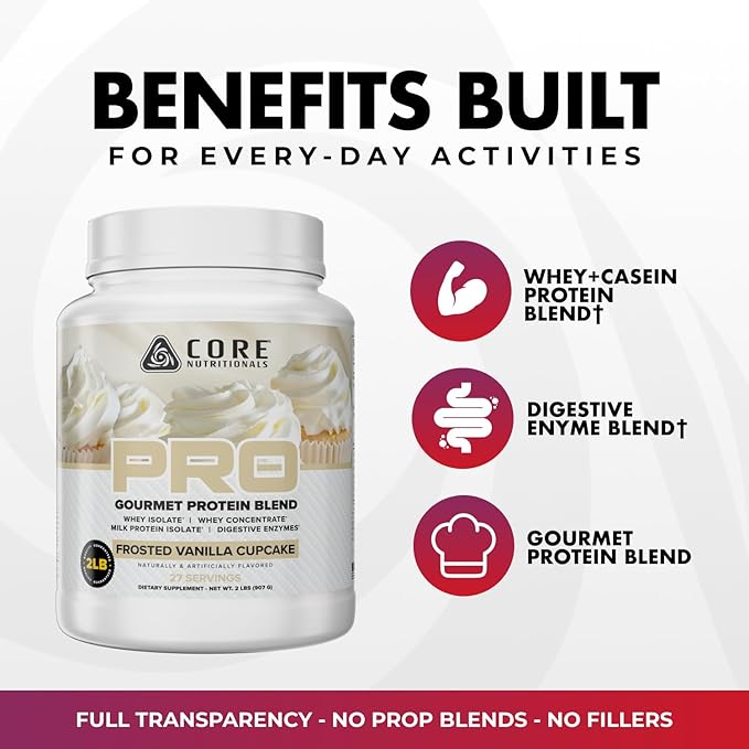 Core Nutritionals PRO Gourmet Protein Blend | Whey Protein Blend | with MCTs &amp Digestive Enzymes | Sustained Release Protein &amp Recovery Support |27 Servings (Strawberries N' Cream)