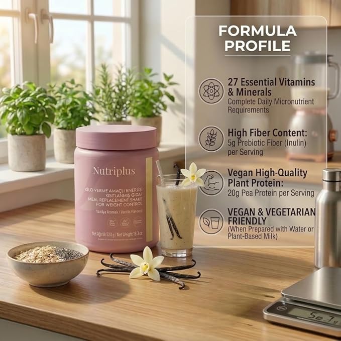 FARMASi Nutriplus Meal Replacement Shake Plant Based Protein Powder with 27 Vitamins and Minerals High Fiber Nutrition Drink Mix Gluten-Free Low Calorie Weight Control Powder 18.3 oz Vanilla
