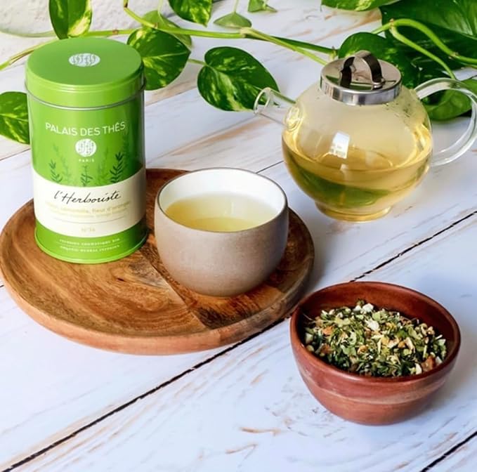 Palais des Thés Caffeine-Free Tea - L'Herboriste N∞74 Organic Calming Herbal Blend with Limeflower Chamomile &amp Orange Blossom - Premium Loose Leaf Tea 2.5oz Tin