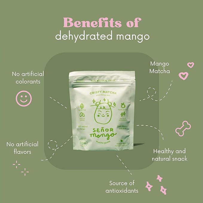 SEÑOR MANGO | MATCHA - Dried Mango with Matcha Coating | Organic Kent Variety | No Sugar Added | Gluten-Free Fruit Snack | Made in Mexico | 6 Pack – 2.1 oz Each
