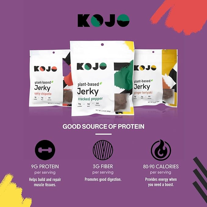 Kojo - Plant-Based Vegan Jerky Variety Pack - Cracked Pepper Ginger Teriyaki Spicy Chipotle 9g Protein 3g Fiber 90 Calories - 6 Bags (2pcs Each)