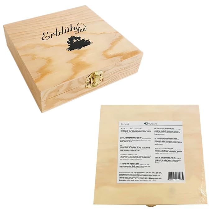 Creano Flowering Tea Abloom Tea - Blooming Tea Gift Set in Stylish Wooden Tea Box - 12 Pieces Mix of White &amp Black Tea a gift for christmas