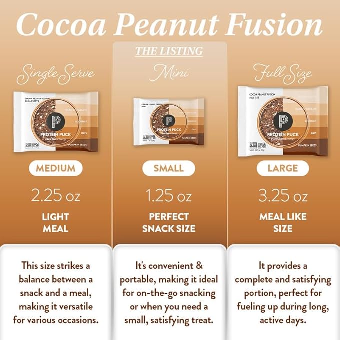 Protein Puck Vegan Plant based Protein Bar – Natural Healthy Snack Bars 12 Count 1.34oz Mini Gluten Free Dairy Free No GMO Kosher – Cocoa Peanut Fusion - Chocolate Peanut Butter Sport Nutritio