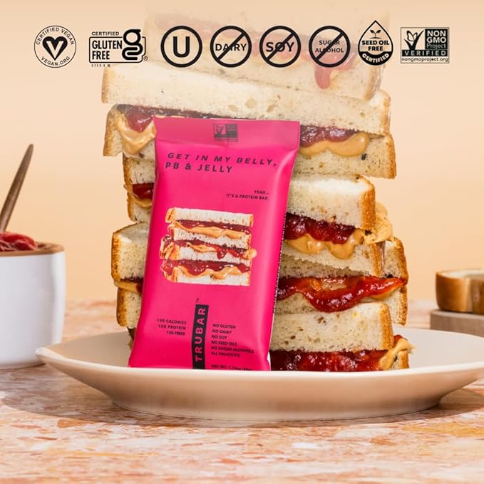 TRUBAR Vegan Protein Bars Feelin' Fruity Variety Pack PB &amp Jelly Strawberry Shortcake &amp Chocolate Coconut Gluten Free Plant Based High Fiber Dairy Free On the Go Healthy Snacks 12 Cou