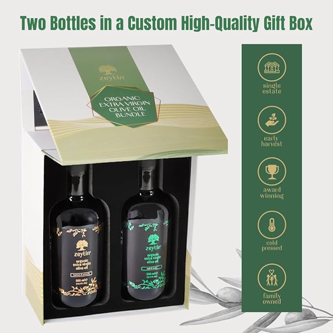 Zeytin Olive Oils Extra Virgin - Early Harvest Bottled in May 2024 - Awarded Brand - Custom Premium Gift Box - Cold Pressed Olive Oil for Cooking Soup &amp More - Perfect Vegan &amp Keto (2 x 16.9