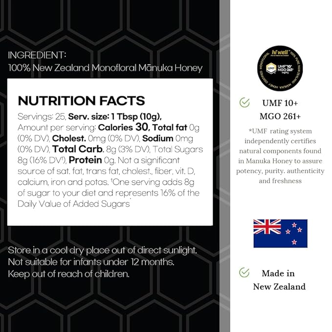 Hi Well Premium New Zealand 100% Manuka Honey | Monofloral Pure Raw Honey | UMF Certified | 8.82Oz(250g) Jar (UMF 10+)