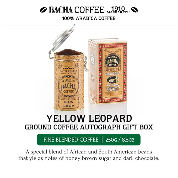 Bacha Coffee | Yellow Leopard Fine Blended Ground Beans Medium Roast 100% Arabica Specialty Coffee 250g Autograph Collection Gift Box