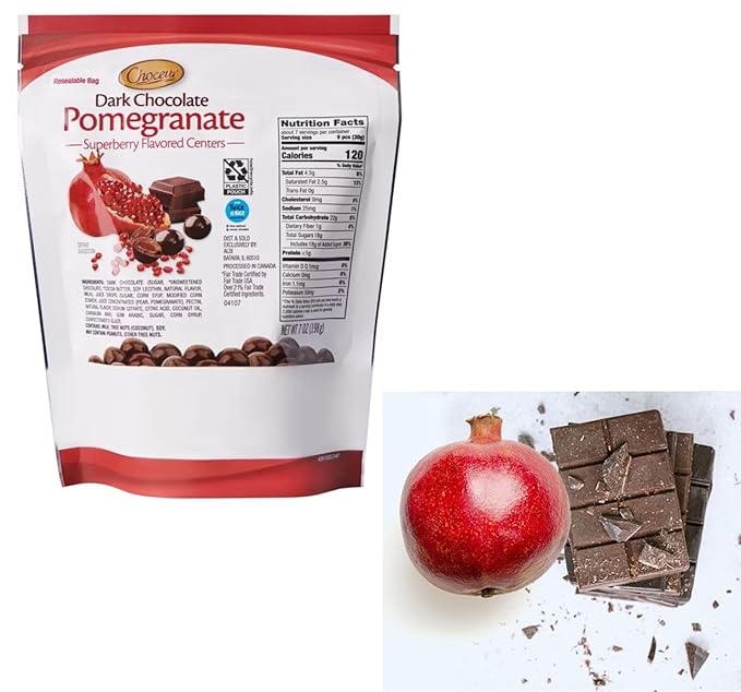 2-PACK Superberry Pomegranate Gourmet Dark Chocolate Bonbons – Fair Trade Certified Premium Dark Chocolate with Soft Chewy Center No Artificial Colors or Flavors 7oz. resealable bag x 2 = 14 oz. tota