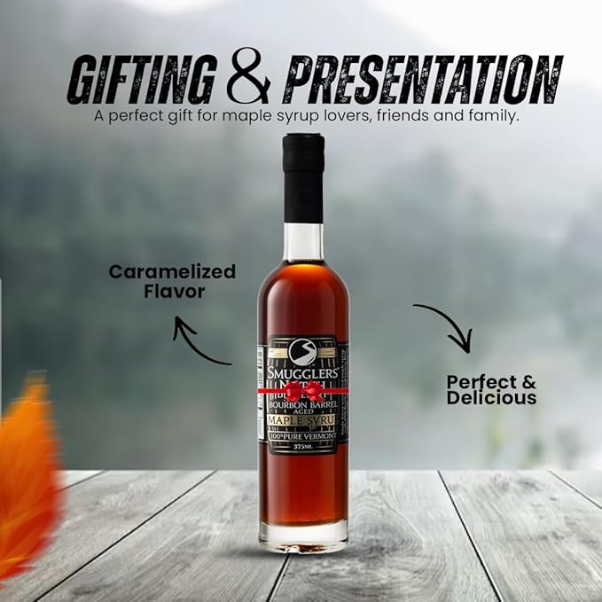 Smugglers’ Notch Maple Works – Bourbon Barrel Aged – 100% Pure Vermont Maple Syrup – Natural Sweetener &amp Gluten Free – Rich Taste – Waffles and Pancakes Cocktails Marinades 12.68 Fl Oz. (375 mL