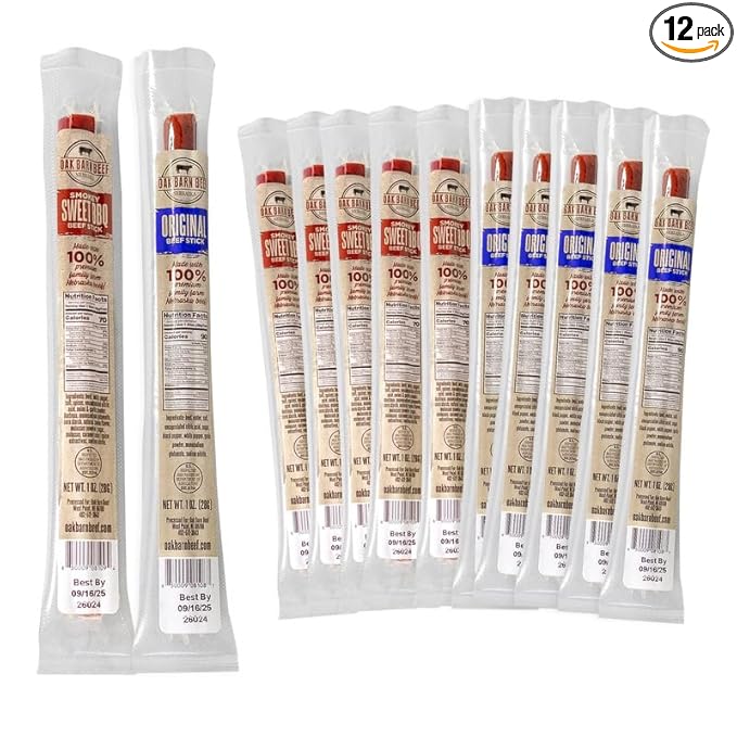 Oak Barn Beef Sticks - Dry Aged Meat Snacks - 100% Nebraska Small Farm Jerky Beef Sticks Individually Wrapped - Low-Calorie Sugar-Free Protein Snacks - Original 6Pcs Smokey Sweet BBQ 6pcs