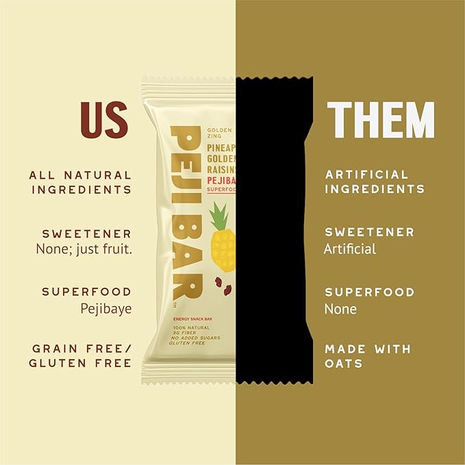 PEJI BAR Superfood Energy Bars | Golden Zing Pineapple Golden Berry Flavor | Gluten Free 8g Protein Fiber Whole Ingredients No Sugar Added | Adventure Ready Snack 12 Count