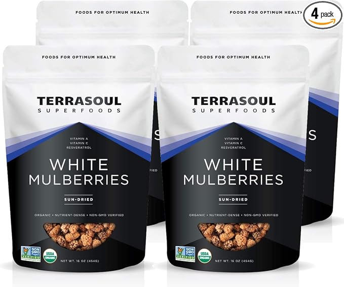 Terrasoul Superfoods Organic Sun-dried White Mulberries 4 Lbs (Pack of 4) Sweet Superfood Snacking Smoothie Booster and Nutrient-Packed Yogurt Topping