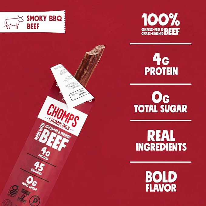 Chomps Snack Size Grass-Fed and Finished Smoky BBQ Beef Jerky Snack Sticks 0.5oz 24-Pack - Keto Paleo Whole30 4g Lean Meat Protein Gluten-Free Zero Sugar Food Non-GMO Chomplings