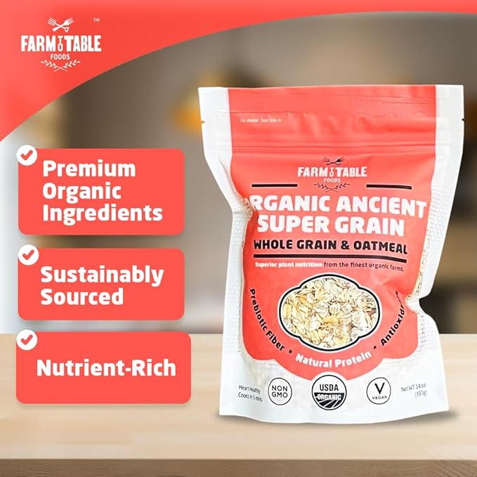 Farm to Table Foods Organic Ancient Super Grain Oatmeal – High-Protein Plant-Based Unsweetened Non-GMO Whole Grains – 3-Pack (14 oz. Bags)