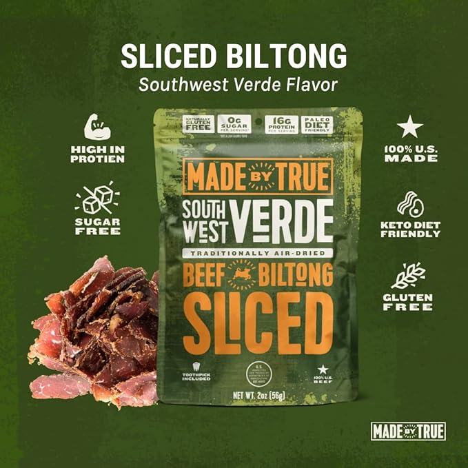 Made by True Beef Sliced Bites Southwest Verde (8 Ounce Pack of 1) - All Natural Zero-Sugar True Jerky Biltong - High Protein Keto Paleo &amp Whole 30 Diet - Sugar-Free Gluten-Free Carb-Free