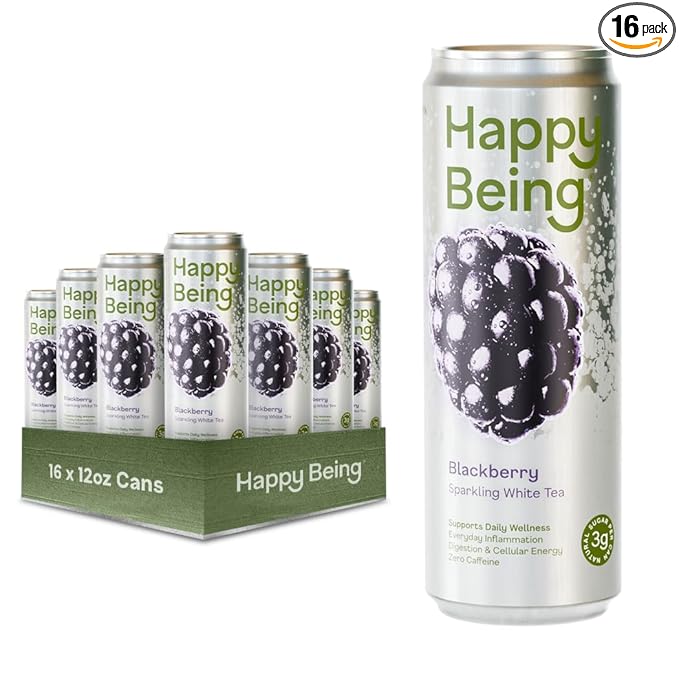 Happy Being Blackberry Sparkling White Tea – Antioxidant &amp Polyphenol Rich Infused with Turmeric Elderberry Caffeine Free Plant-Based Low Sugar &amp Low Calorie Drinks 12oz (16 Pack)