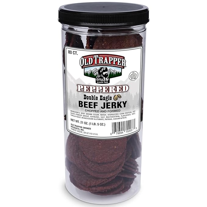 Old Trapper Double Eagle Beef Jerky Peppered Flavor 21oz. 80-Piece Jar Natural Wood Smoked Meat Snacks 10 Grams of Protein and 80 Calories per Serving (Pack of One)