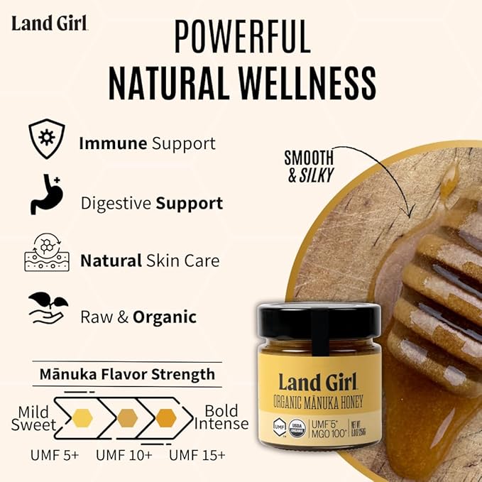 Land Girl Organics New Zealand Raw Premium Manuka Honey | Monofloral USDA Certified Organic Superfood UMF 5+ MGO 100+ Hive to Hand 8.8 oz Glass Jar
