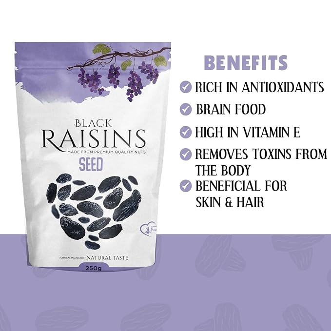 Afghani Black Raisins with seed | Kali Kishmish | Kala Munakka Dry Fruit | Kali Draksh | High in Anti-oxidants | Healthy &amp Delicious | 250g