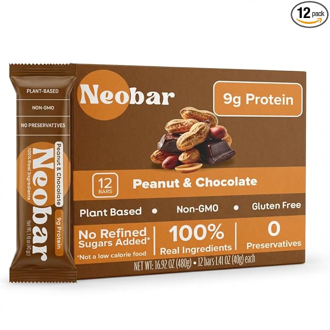 NEOBAR 9g Plant-Based Protein Fruit and Nut Bars - Vegan Snack Bars Gluten Free Dairy Free Snacks No Preservatives No Refined Sugars Added Non-GMO | Peanut &amp Chocolate 12 Count