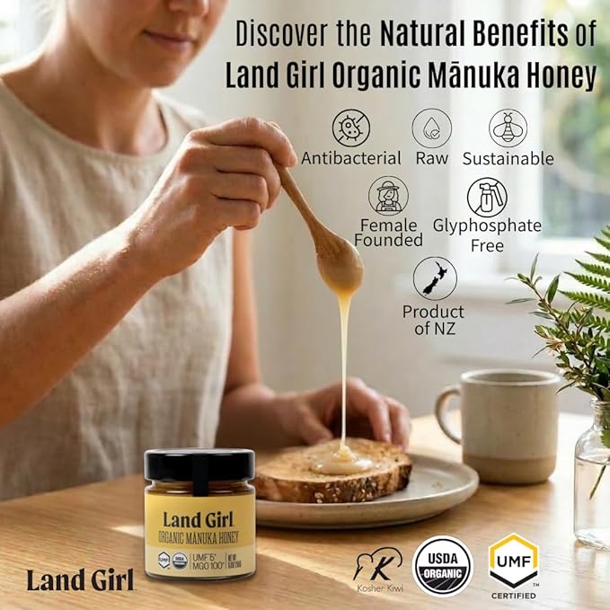 Land Girl Organics New Zealand Raw Premium Manuka Honey | Monofloral USDA Certified Organic Superfood UMF 5+ MGO 100+ Hive to Hand 8.8 oz Glass Jar