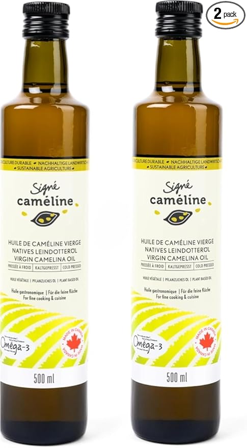 Cold-Pressed Virgin Camelina Oil 500mL X 2 by Signé Caméline | High Smoke Point 475°F | Rich in Omega-3 &amp Vitamin E | Alternative to Olive Oil | Vegan | Made in Canada | Non-GMO