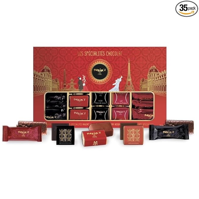 Maxim's de Paris 35 Count Gift Box - Dark &amp Milk French Chocolates Ganache Rocher Almond Praline Crepes Imported France Gourmet Assorted 195g