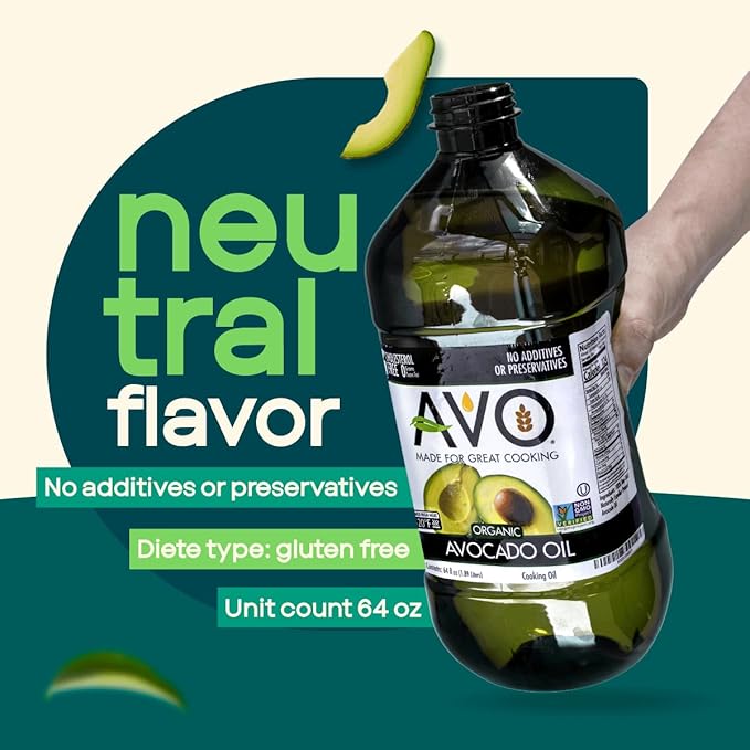 AVO Organic Avocado Oil for Cooking Frying Baking Salads Vinaigrette Marinades - General Organic Cooking Oil 64 Fl-oz (Half a Gallon) NO preservatives added High Smoke Point 500°F