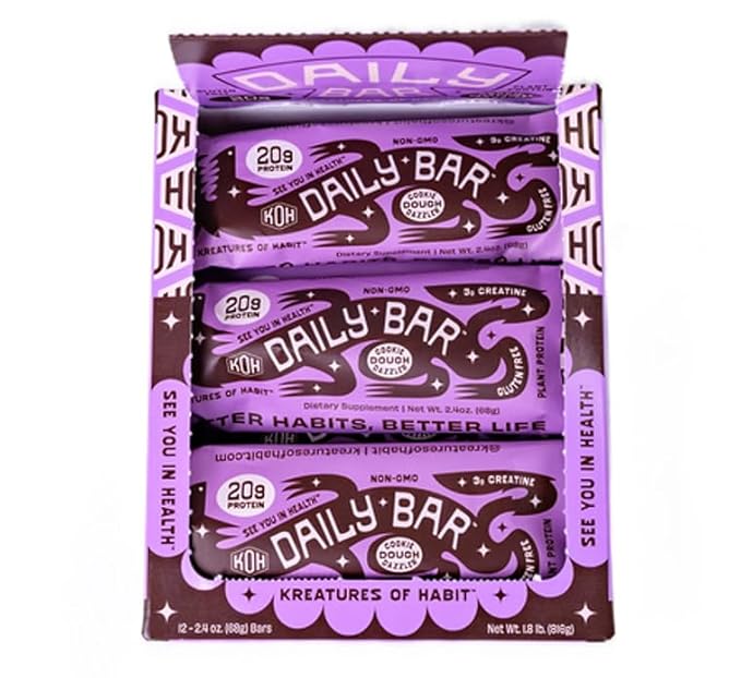 Kreatures of Habit DAILY BAR | Chocolate Chip Cookie Dough Dazzler (Pack of 12) – 20g Plant-Based Protein Bar | 3g of Creatine Monohydrate Per Bar Gluten-Free Vegan Non-GMO
