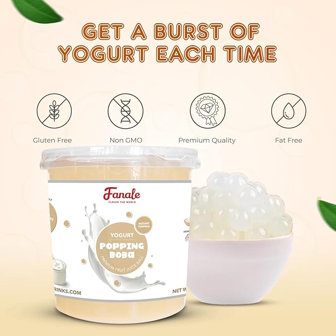 Fanale Yogurt Popping Boba Pearls Vegan Non GMO Gluten Free Fat Free Perfect for Bubble Tea Smoothies Ice Cream Desserts and Beverages.