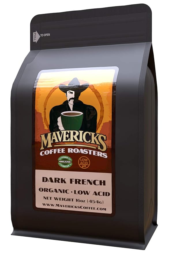 Dark French Low Acid Coffee (Whole Bean) - 100% Organic Ingredients - Up to 90% Less Acid