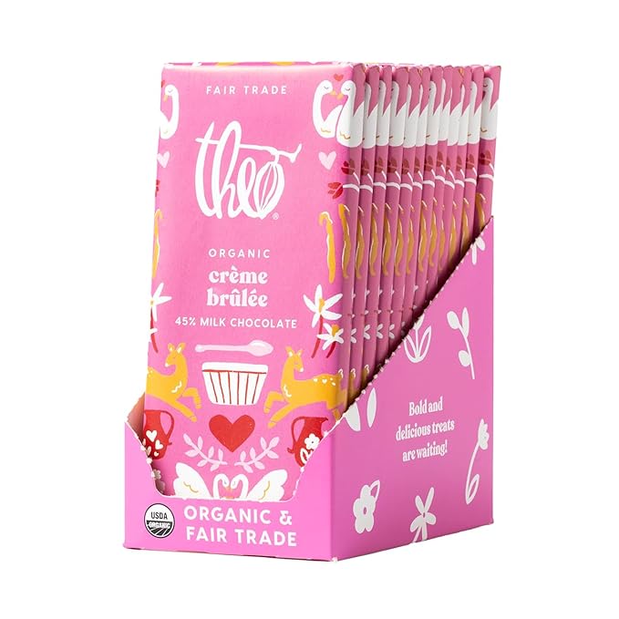 Theo Chocolate Valentine's Day Creme Brulee Organic Milk Chocolate Bar 45% Limited Edition 12 Pack Fair Trade Non-GMO