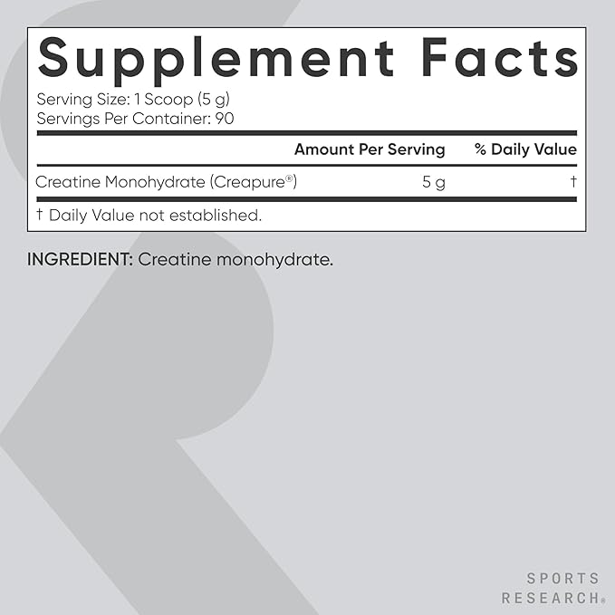 Sports Research® Creatine Monohydrate Powder w/Creapure® - Gain Lean Muscle Improve Performance &amp Support Workout Recovery* - 5g German Creatine · NSF Sport · Easy Mixing - 90 Servings (Unflavor
