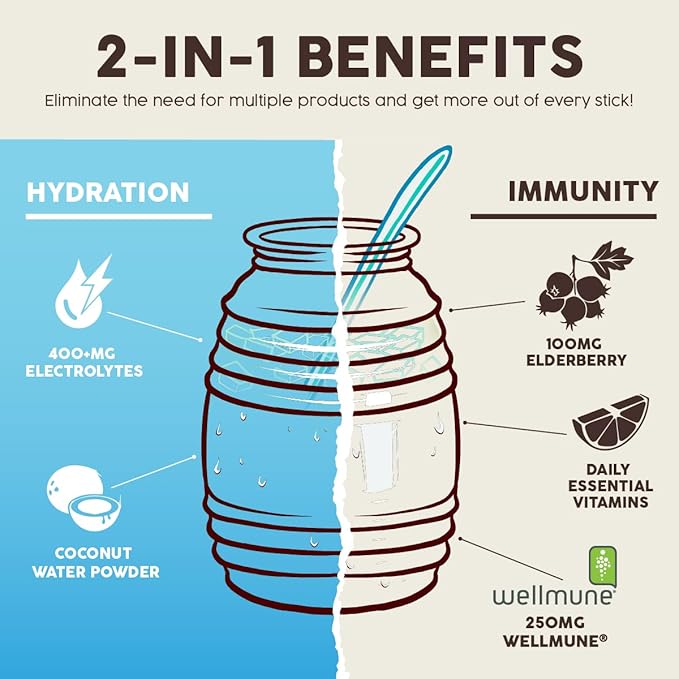 Salud 2-in-1 Hydration Packets + Immunity Electrolytes Powder Horchata - Agua Fresca Drink Mix Elderberry Dairy &amp Soy Free Non-GMO Gluten Free Vegan Low Calorie 1g Sugar (15 Servings)