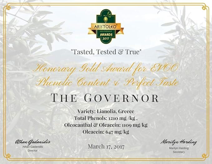 The Governor Limited Edition Extra Virgin Olive Oil - Unfiltered Cold-Pressed Early Harvest Single Origin - Peppery Robust Spicy Notes - Packed with Polyphenols Oleocanthal Antioxidants 500ml