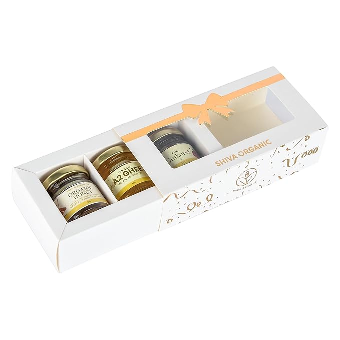 White and Gold Gift Box (50g each - Honey+A2 Ghee+Gulkand)