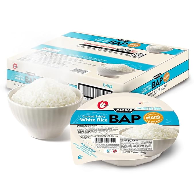Premium Instant Rice | Sticky Sushi Rice | 0 Trans Fat/ 0 Cholesterol/ 0 Sodium | Ready in 90 Secs | Gluten-Free | Healthy Sticky White Rice Bowls (Bap) – [WHITE Rice |12 Pack] | Long Shelf Life - O'F