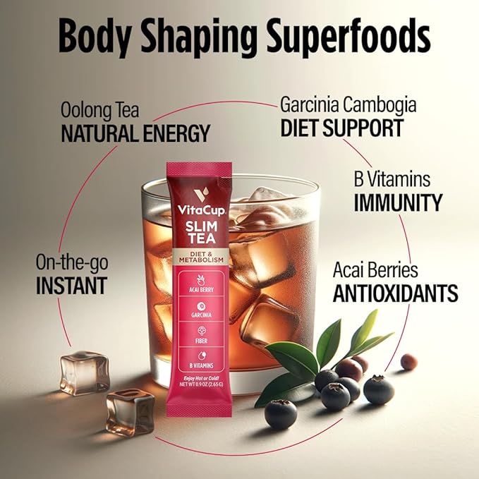 VitaCup Slim Instant Tea Packets For Diet Support Oolong tea w/B Vitamins Garcinia Inulin &amp Acai On-the-go Instant Sticks 24 Ct