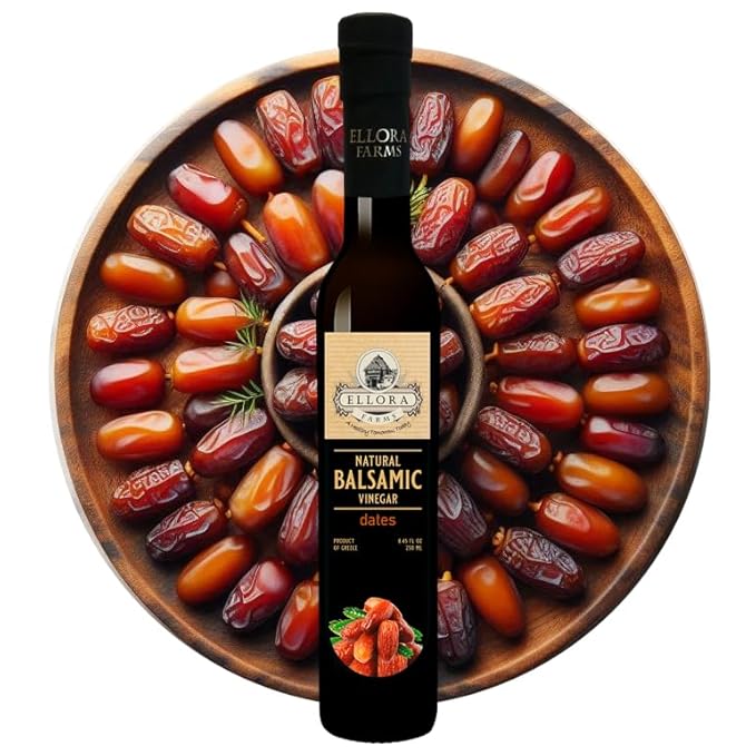 Ellora Farms Balsamic Vinegar Dates Infused Thick and creamy Barrel aged No-added sugar Award Winning Glass bottle 8.45 oz. (Dates)