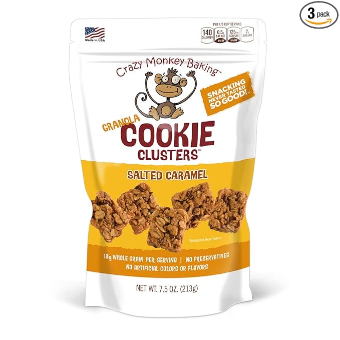 Crazy Monkey Baking | Granola Cookie Clusters | 18 Grams Whole Grain | All Natural Ingredients | 3 Packs of 7.5 Ounce Resealable Bag | Salted Caramel