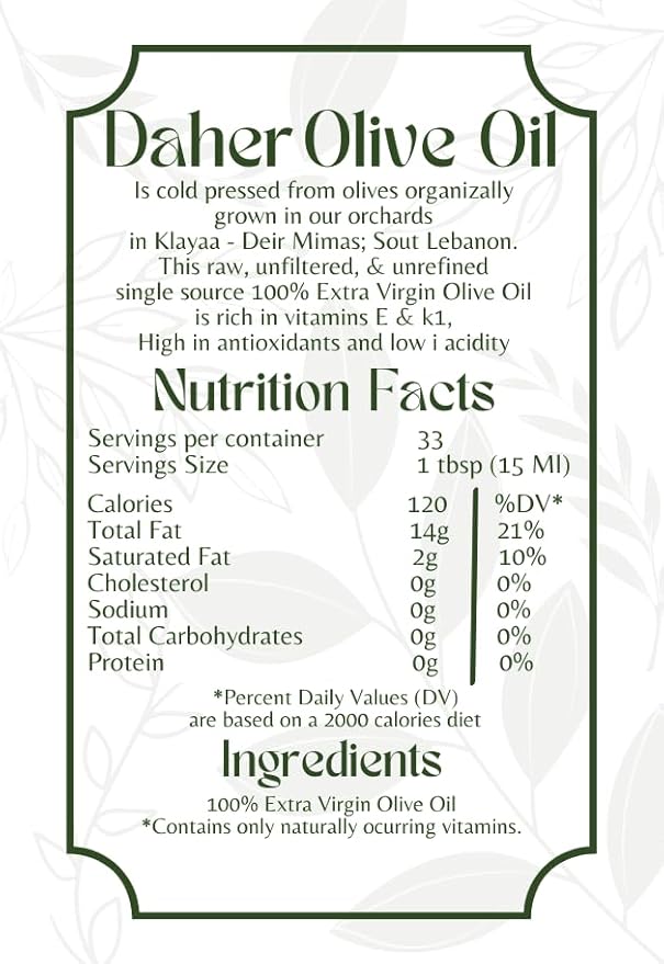 Daher Olive Oil - 33.8 FL OZ - Premium Organic Extra Virgin - Cold Pressed - Southern Lebanon Region - Low acidity rich in polyphenols for gourmet cuisine