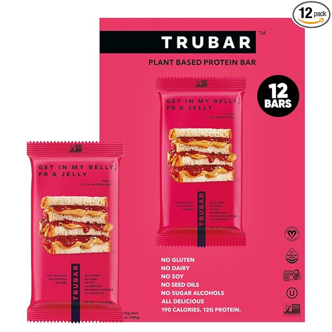 TRUBAR Vegan Protein Bar Get In My Belly Pb &amp Jelly Gluten Free Plant Based High Fiber Dairy Free Low Fat Non GMO No Sugar Alcohols 12G Lean Protein 13G Fiber Healthy Snack Bars 12 CT