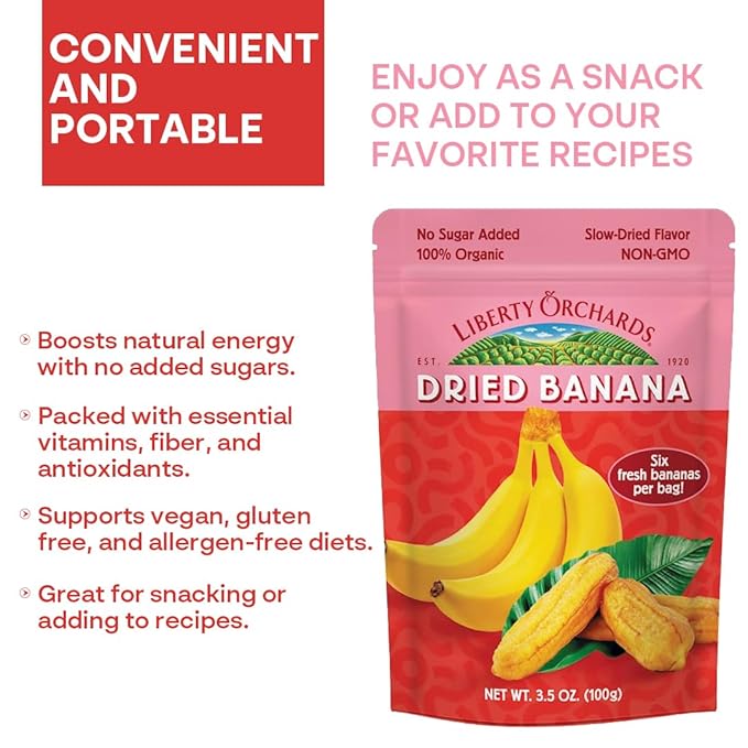 Liberty Orchard Organic Whole Dried Banana - Naturally Sweetened Dried Fruit Snack for Healthy Digestion &amp Busy Lifestyles - Delicious 6 Fresh Bananas in Each Bag - 5 Pack