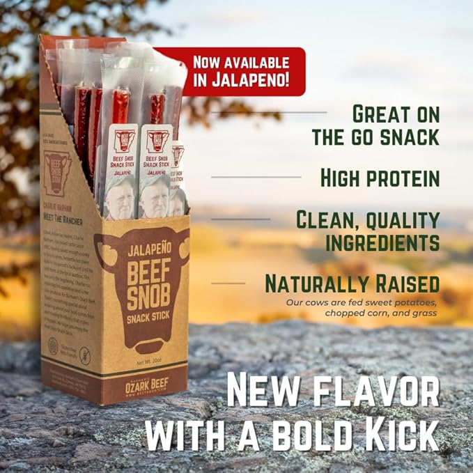 Beef Snob Snack Sticks - Jalapeño Flavor - 1 Ounce Snack - 20 Meat Sticks Per Box - High Protein Snack Sugar Free Snack Keto Friendly Gluten Free Jerky Sticks