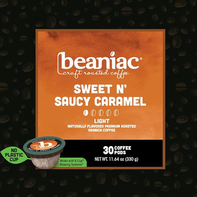beaniac Sweet n' Saucy Caramel Flavored Light Roast Single Serve Compostable K Cup Coffee Pods Arabica Coffee with Natural Flavors Keurig Brewer Compatible 30 Count